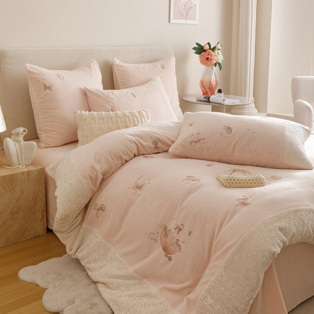 Cozy bedding set with embroidered butterflies and teddy fleece trim Bowlift