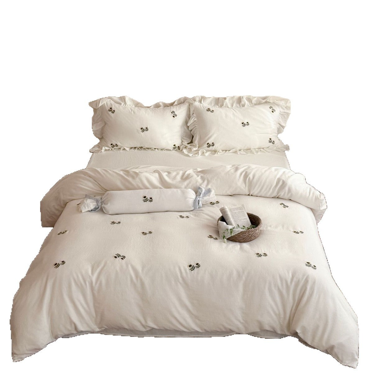 Bedding set made of linen-cotton blend with ruffled pillow and floral embroidery Bowlift