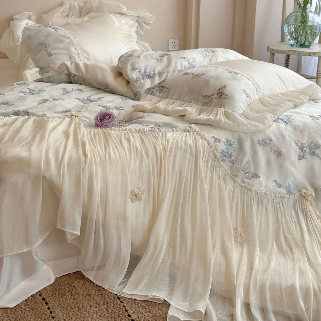 Romantic cotton bedding set with chiffon ruffle, embroidered butterflies and bed skirt Bowlift
