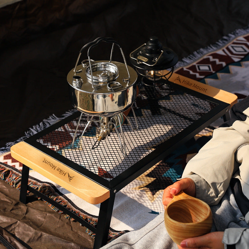Siopsrl | Portable Folding Camping Mesh Grill Table with Wooden End Panels Siopsrl