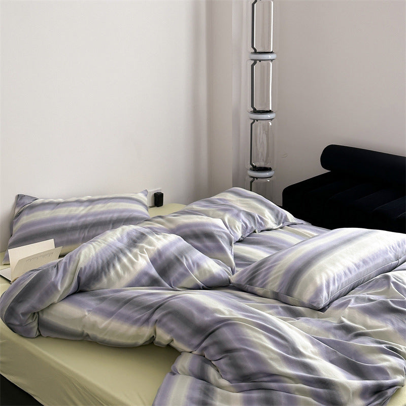 Breathable duvet cover and pillowcase set made of cotton percale with fine watercolor stripe texture
