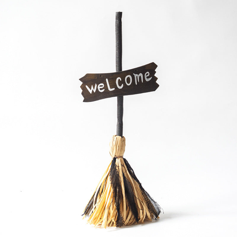 Halloween Welcome Decorative Broom with Rustic Welcome Sign Siopsrl