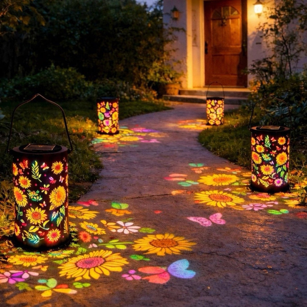Solar Projection Lantern With Sunflower Floral Metal Cylinder And Hanging Handle Siopsrl