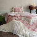Romantic satin bedding set with floral watercolor print and lavish chiffon ruffle