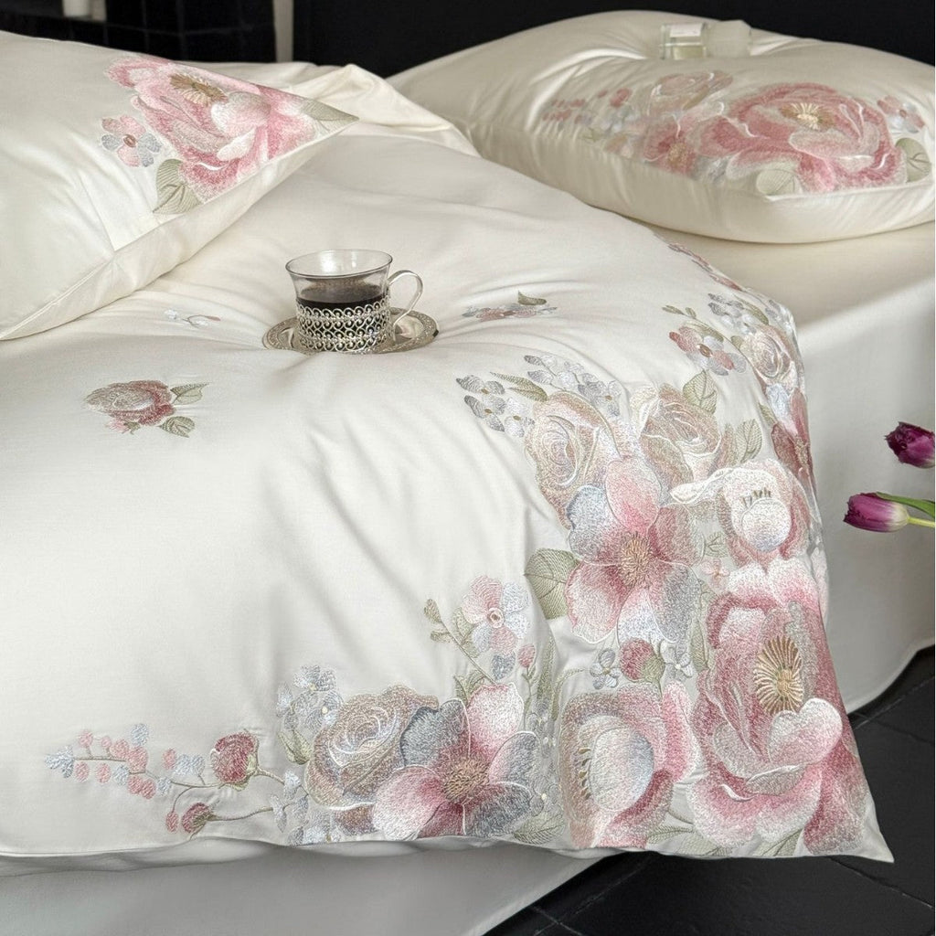 Embroidered satin bedding set with floral relief embroidery and silky finish Bowlift