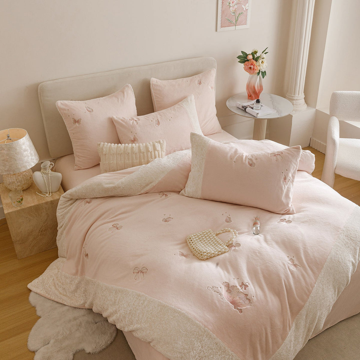 Cozy bedding set with embroidered butterflies and teddy fleece trim Bowlift