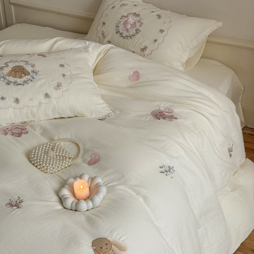 Embroidered cotton-linen pillowcase set with lace trim and bunny motif
