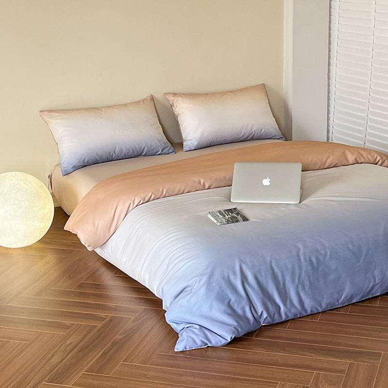 Reversible cotton satin bedding set with a gentle color gradient, wrinkle-free finish, and zipper