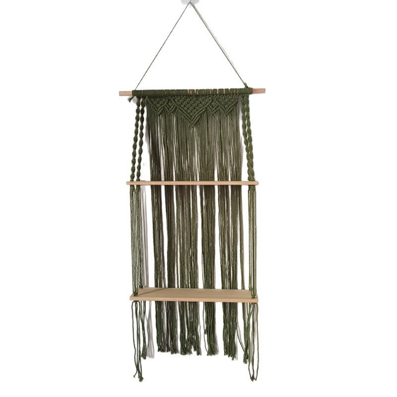 Siopsrl | Macrame Hanging Wall Shelf Organizer With Tiered Wooden Ledges And Decorative Fringe