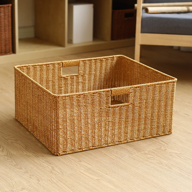 Large Handwoven Rectangular Storage Basket with Cutout Handles Siopsrl