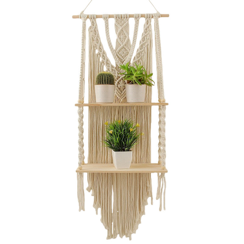 Decorative Macramé Wall Shelf with Dual Plant Holders Siopsrl