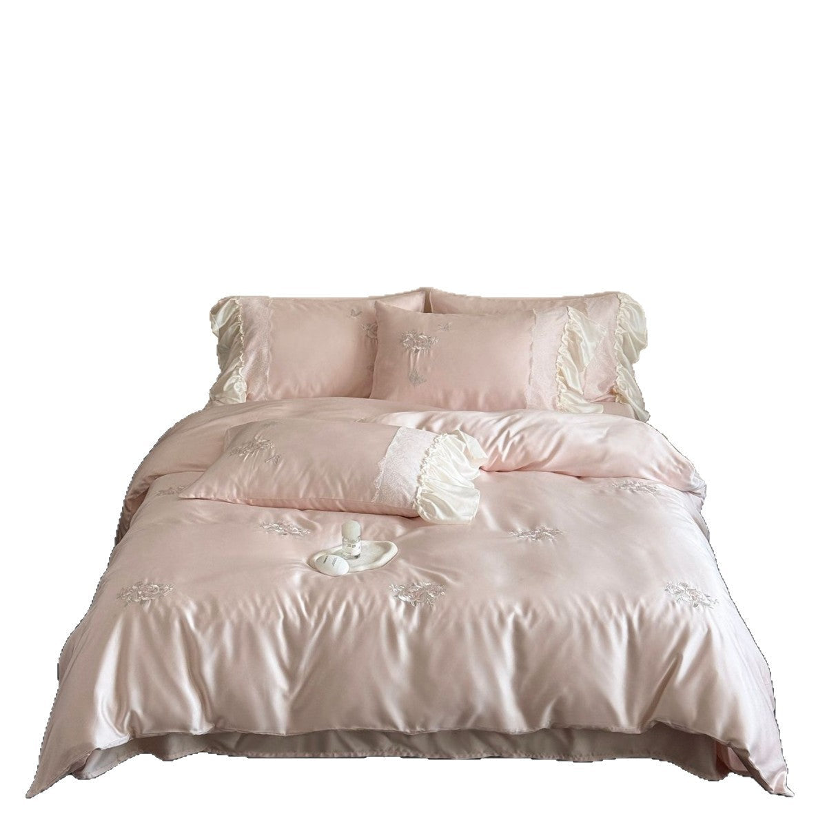 Luxurious satin bedding set with ruffles and embroidery Bowlift