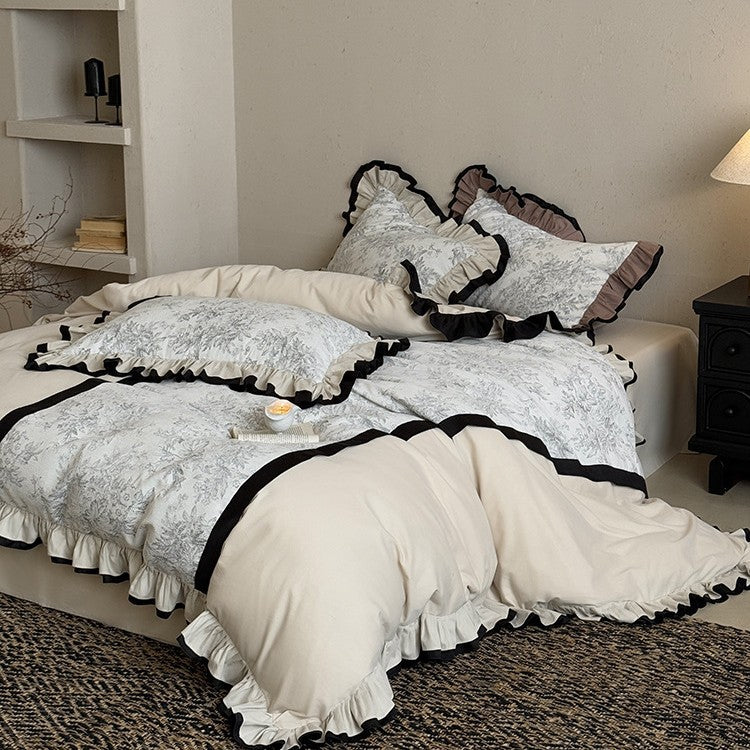 Premium bedding set with ruffles and vintage toile pattern