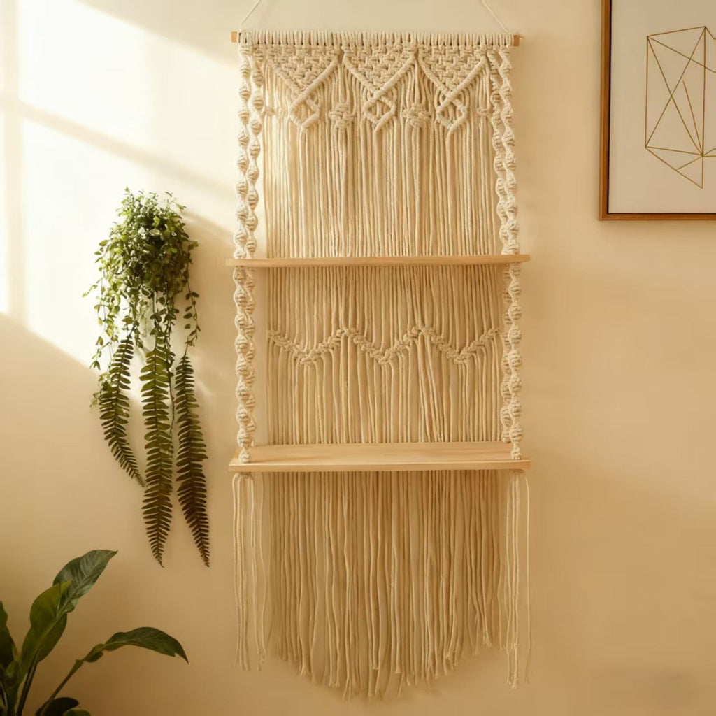 Siopsrl | Macrame Hanging Wall Shelf Organizer With Tiered Wooden Ledges And Decorative Fringe