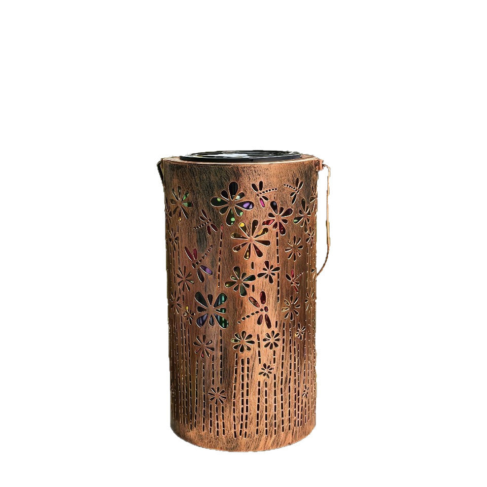 Solar Projection Lantern With Sunflower Floral Metal Cylinder And Hanging Handle Siopsrl