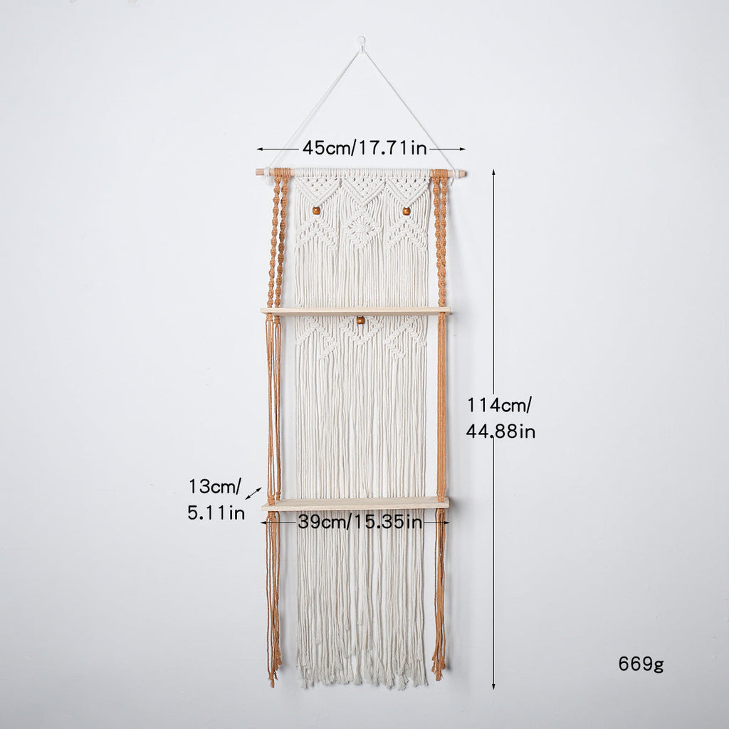 Siopsrl | Macrame Hanging Wall Shelf Organizer With Tiered Wooden Ledges And Decorative Fringe