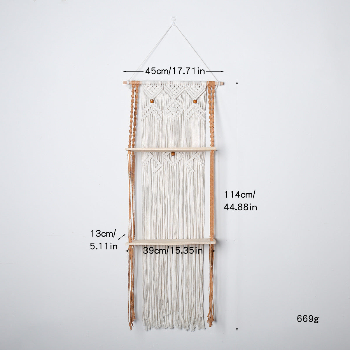 Siopsrl | Macrame Hanging Wall Shelf Organizer With Tiered Wooden Ledges And Decorative Fringe