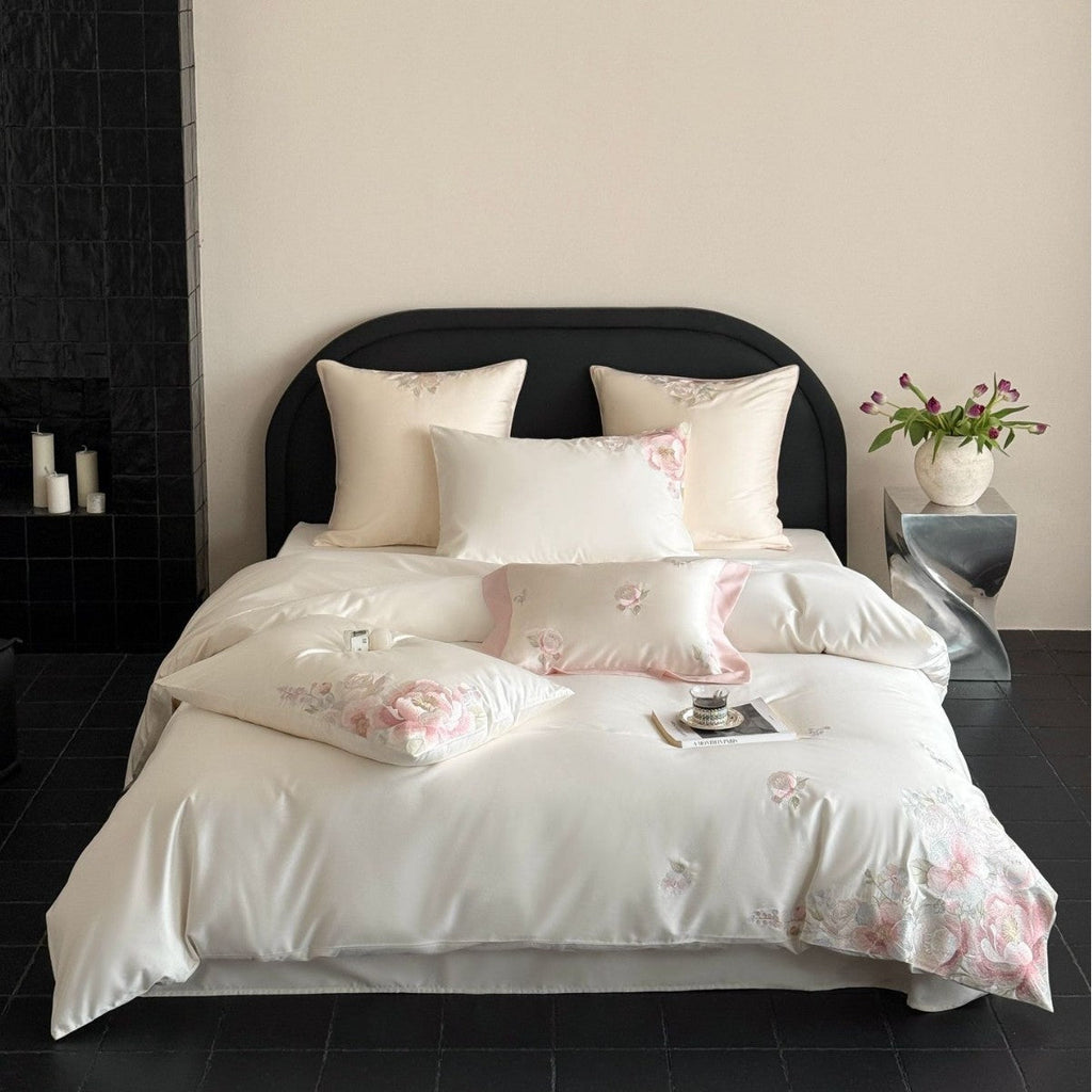 Embroidered satin bedding set with floral relief embroidery and silky finish Bowlift