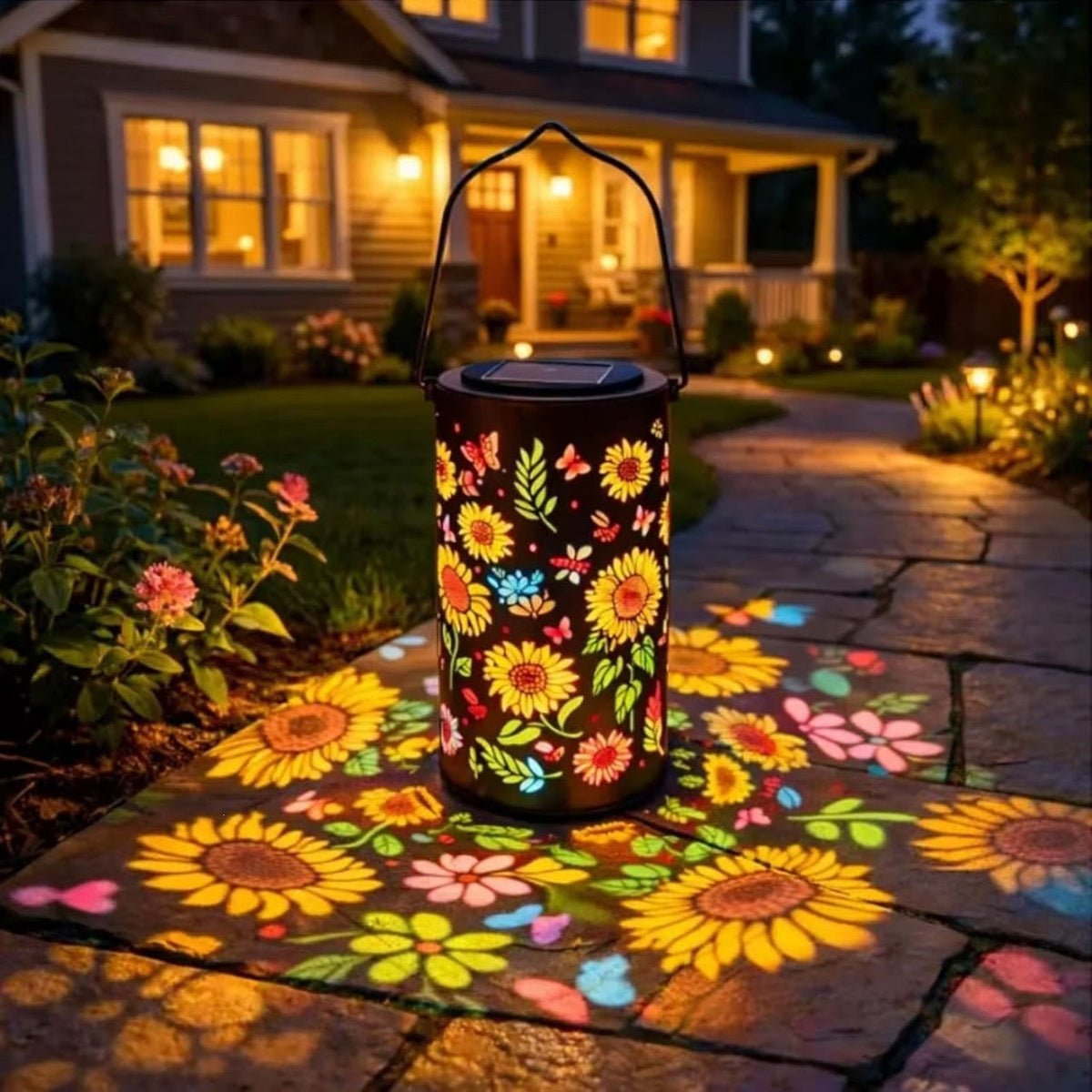 Solar Projection Lantern With Sunflower Floral Metal Cylinder And Hanging Handle Siopsrl
