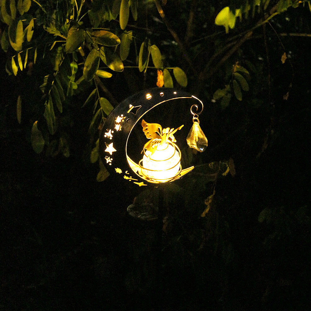Crescent Moon Solar Garden Stake Light With Rotating Crackle Glass Orb And Butterfly Accent Siopsrl