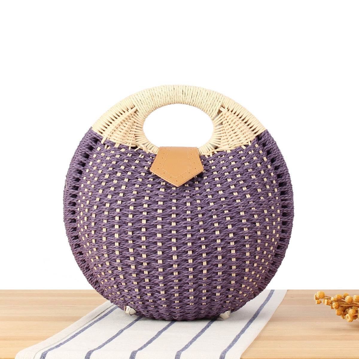 Siopsrl | Round straw bag with elegant leather handle Siopsrl