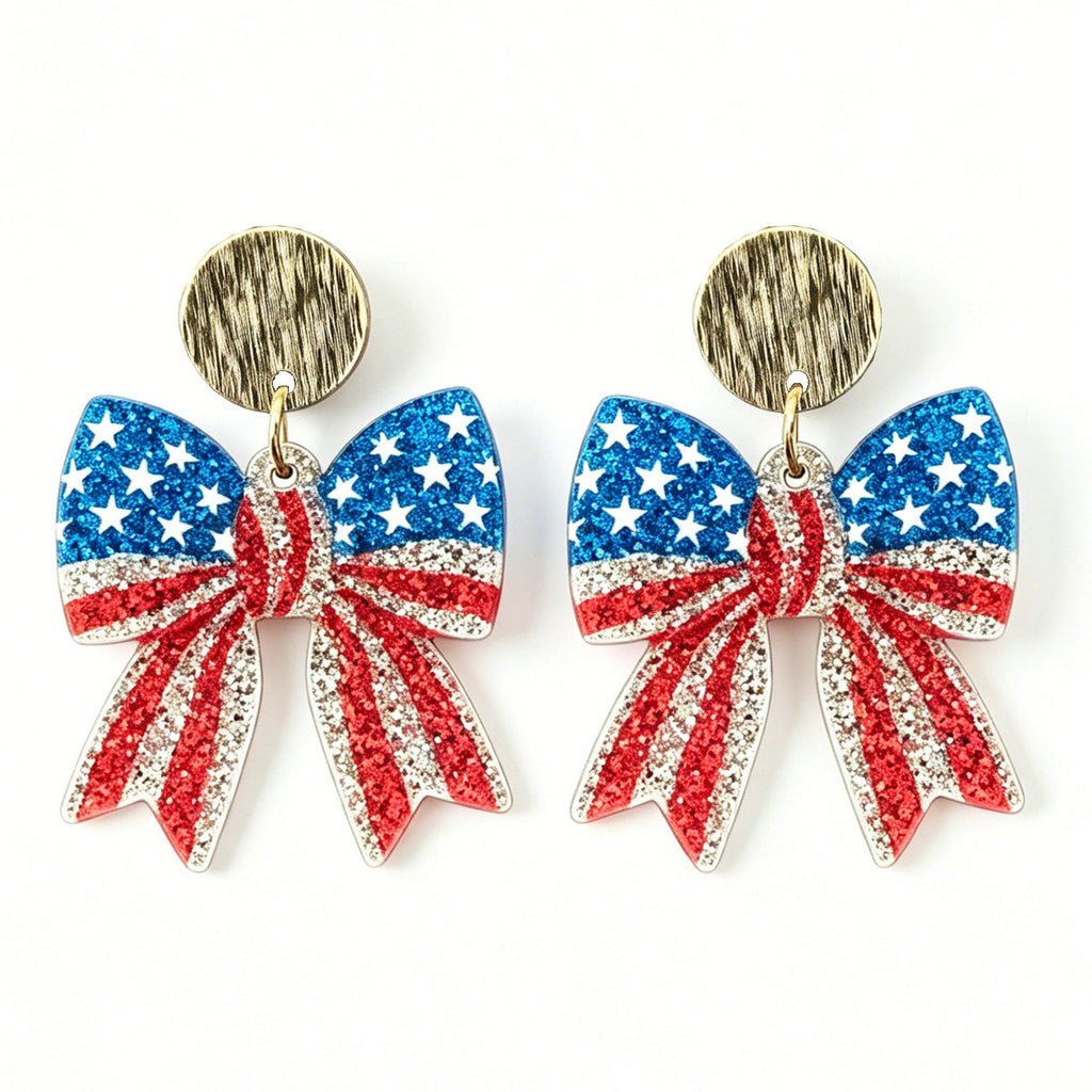 Siopsrl | Ladies nan Statement bow earrings made of acrylic with glittering star stripe design and round studs Siopsrl