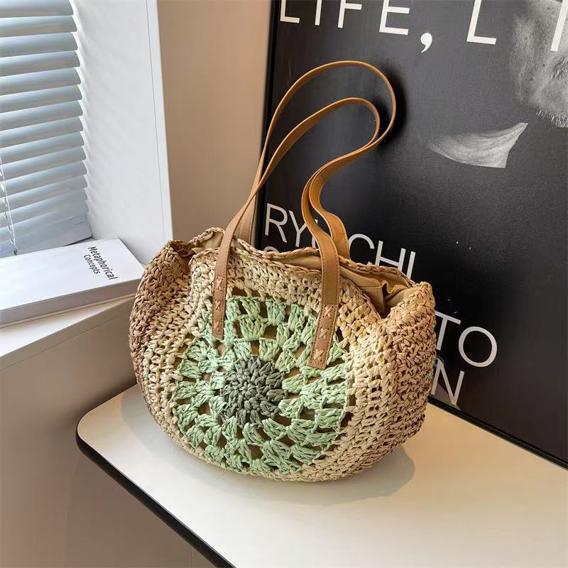 Siopsrl | Macrame Beach Bag with Brown Leather Handles Siopsrl