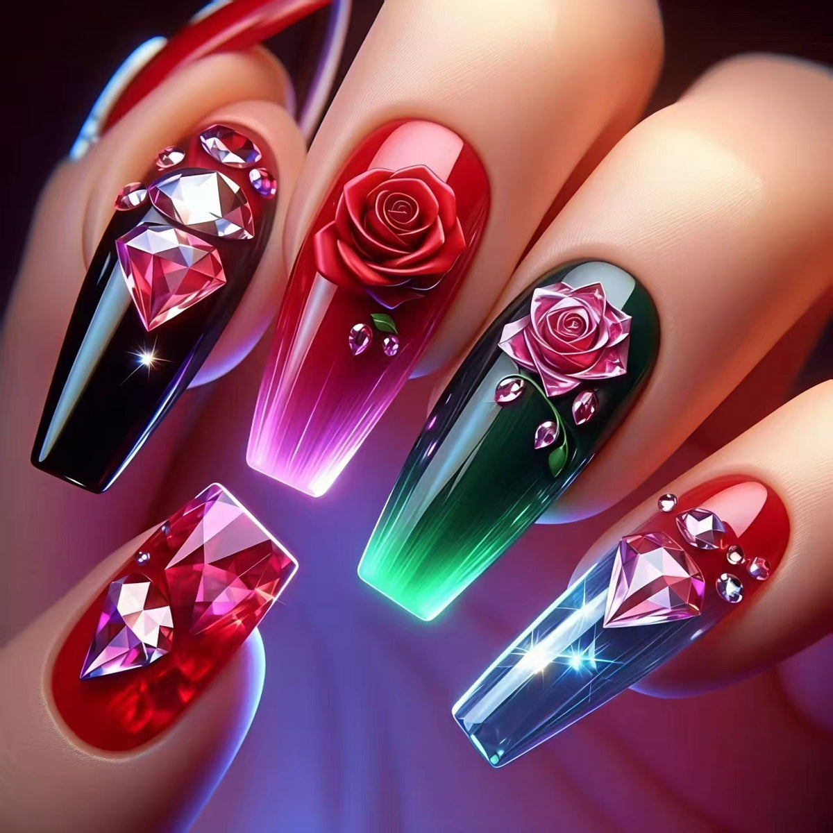Siopsrl | Artificial nails with floral and glittering accents Siopsrl