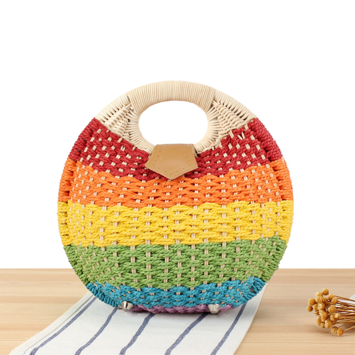 Siopsrl | Round straw bag with elegant leather handle Siopsrl
