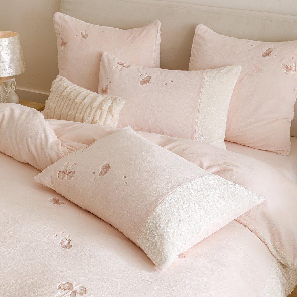 Cozy bedding set with embroidered butterflies and teddy fleece trim Bowlift