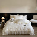 Bedding set in vintage ruffled style made of cotton satin with jacquard medallion and frill