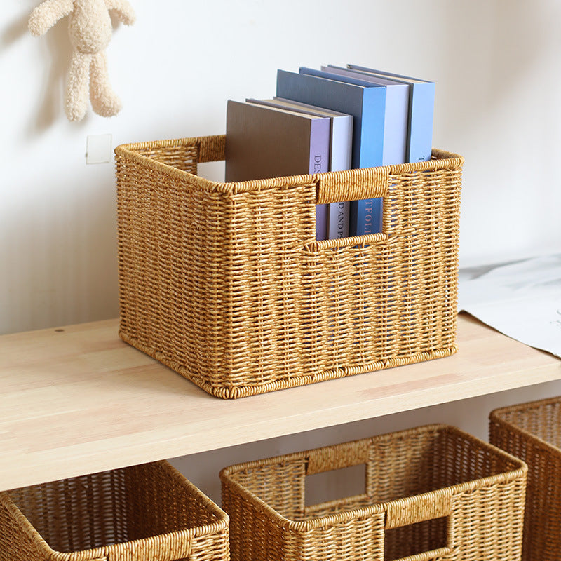 Handwoven Rectangular Storage Basket with Cutout Handles Rectangular Woven Design