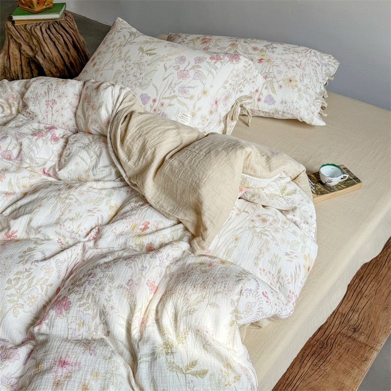 Light cotton gauze bedding set with floral pattern and ties