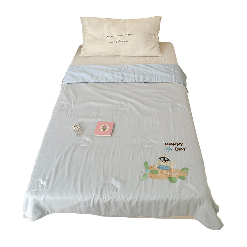 Children's comfort quilt with sweet bunny embroidery and silky satin cover