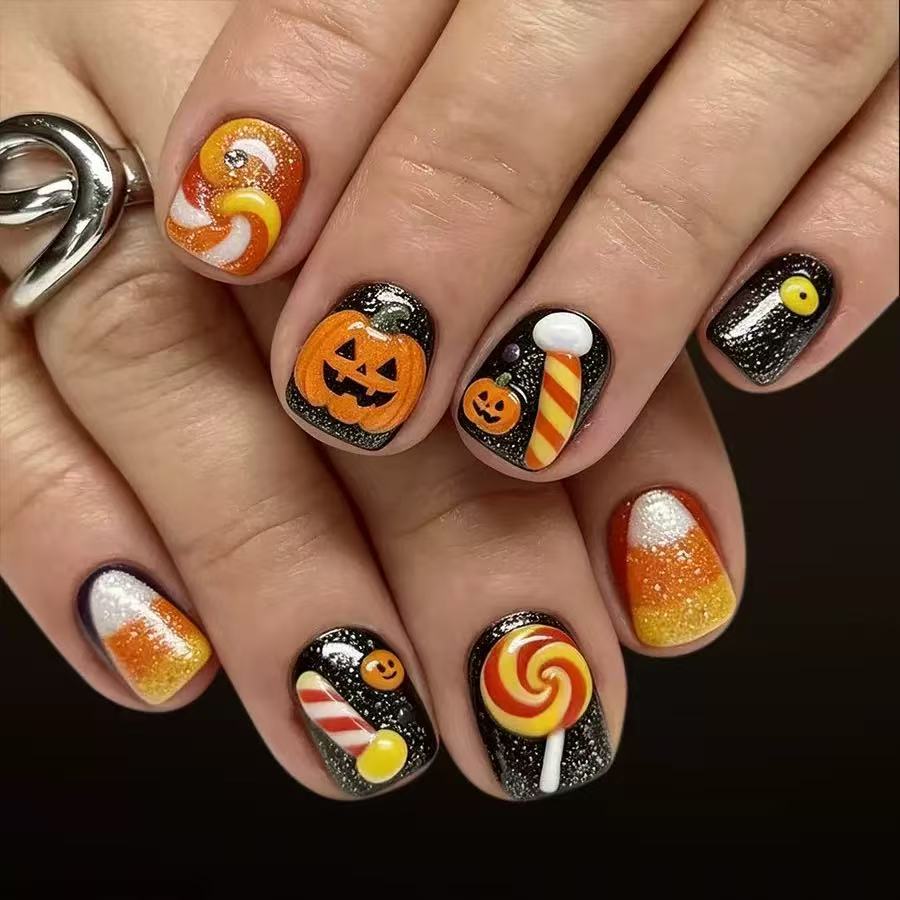 Siopsrl | Halloween Fake Nail Set with playful pumpkin and candy motifs Siopsrl