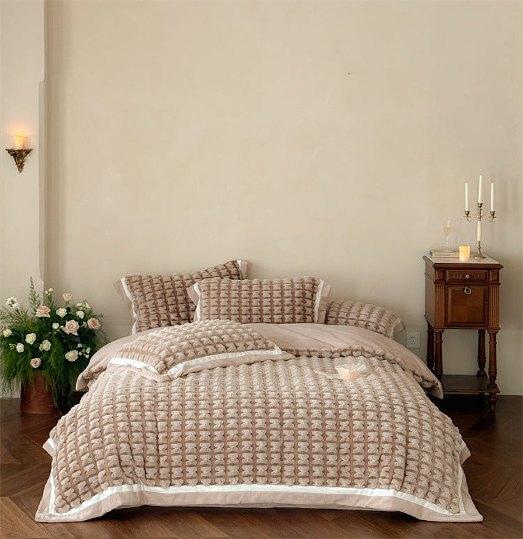 Quilted velvet bedding set with 3D waffle structure and decorative border Bowlift
