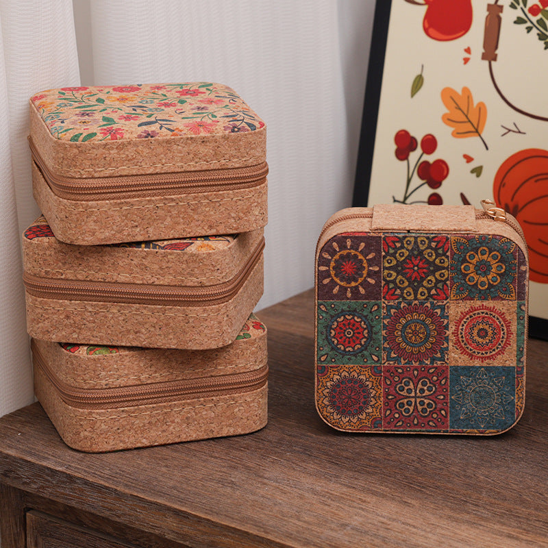 Siopsrl | Compact Floral Cork Jewelry Travel Organizer Case Siopsrl