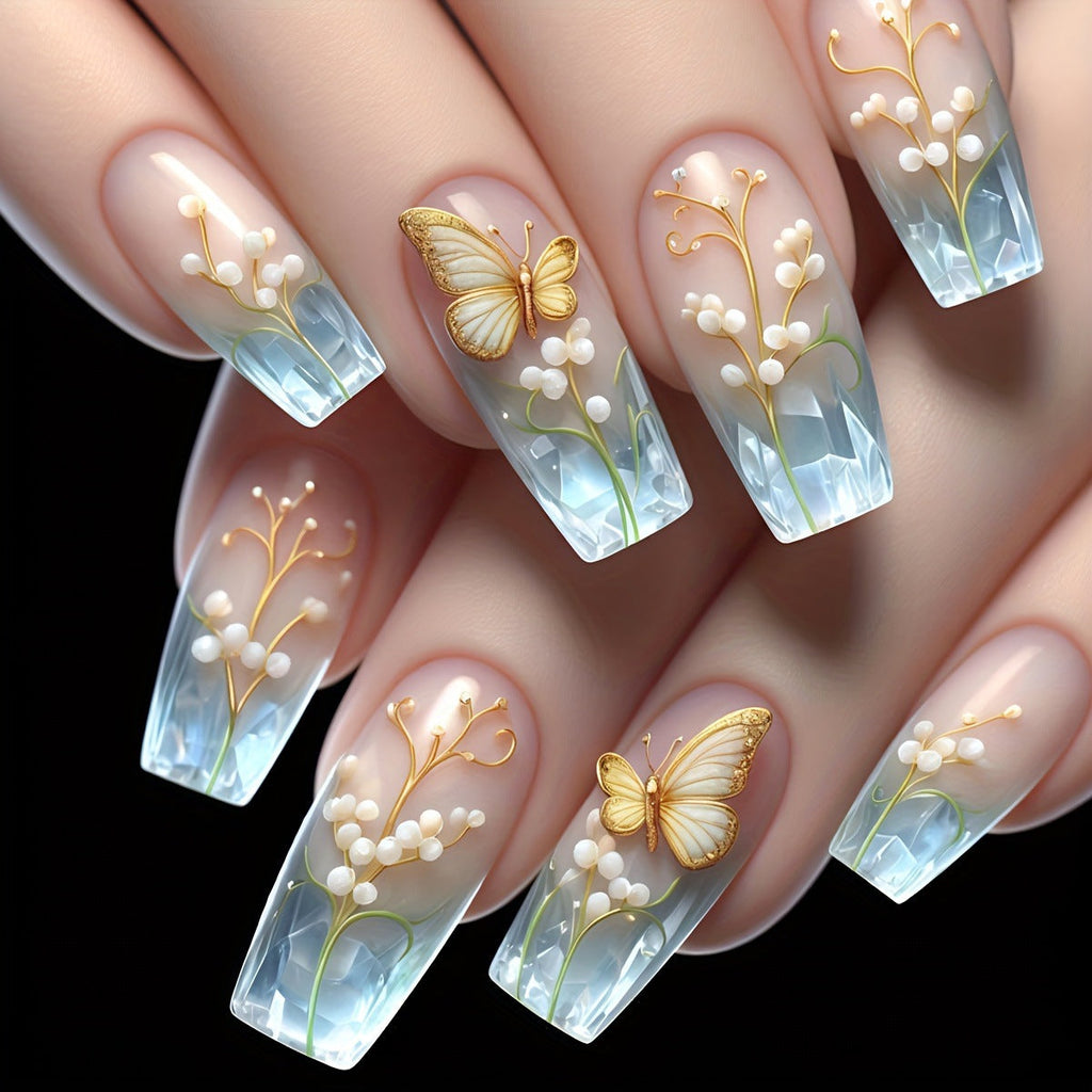 Siopsrl | Artificial nails with elegant flower and butterfly design Siopsrl