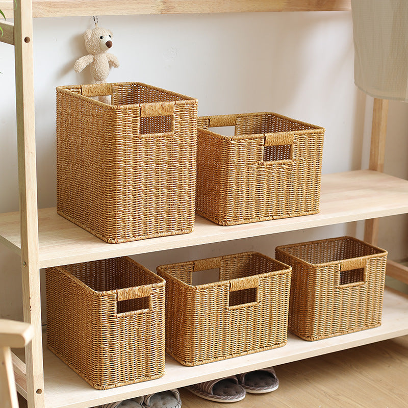 Handwoven Rectangular Storage Basket with Cutout Handles Rectangular Woven Design