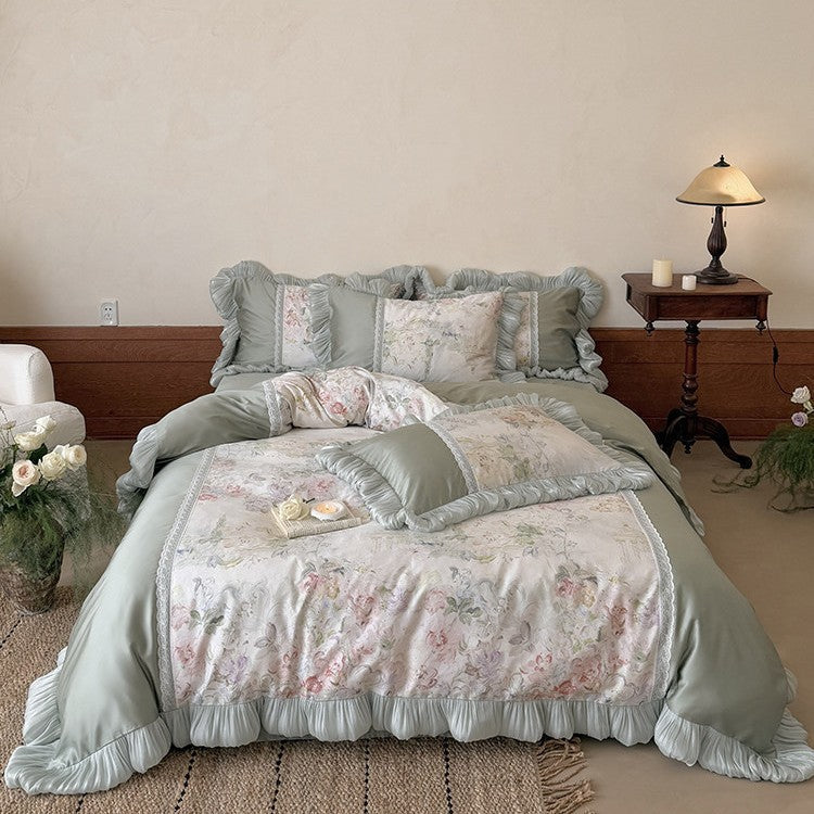 Luxury bed set with pleated ruffle, lace trim and floral watercolor print