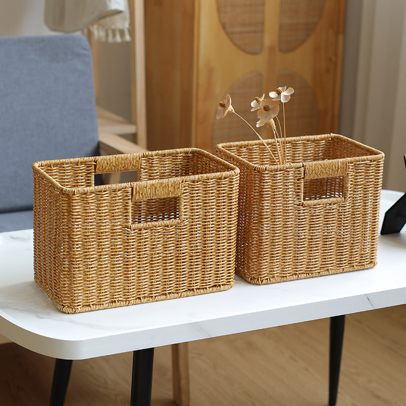 Handwoven Rectangular Storage Basket with Cutout Handles Rectangular Woven Design