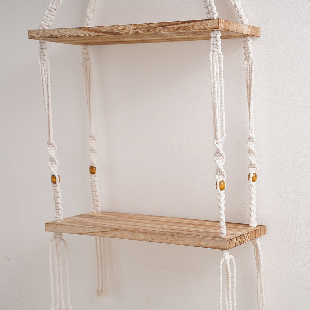 Macramé Floating Storage Shelf with Natural Wood Accents Siopsrl