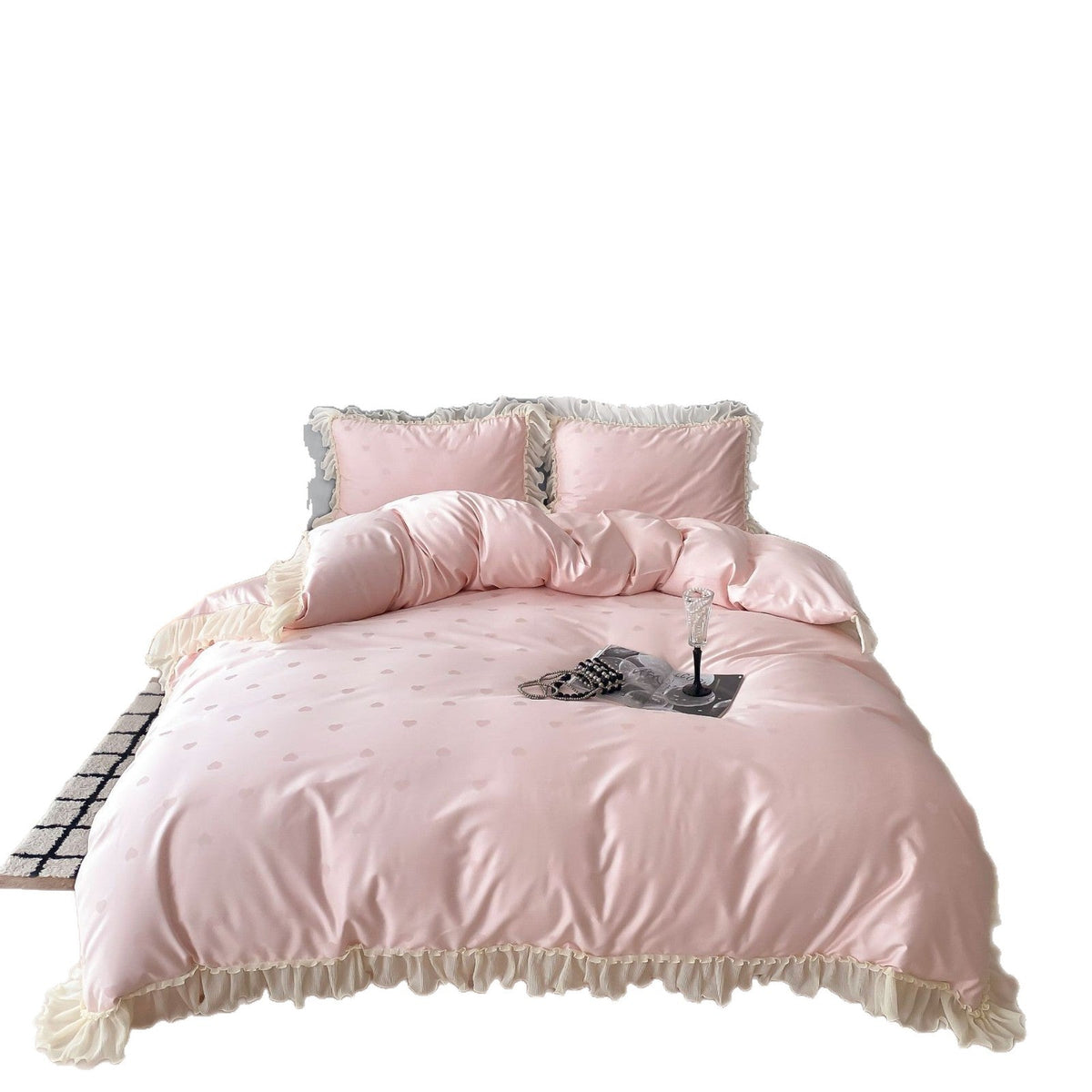 Luxurious satin bedding set with ruffles and subtle heart print Bowlift