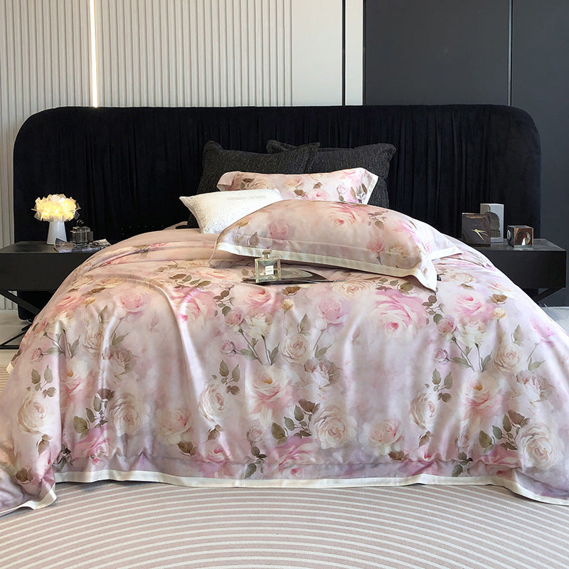 Luxurious cotton satin bedding set with watercolor rose pattern and satin trim