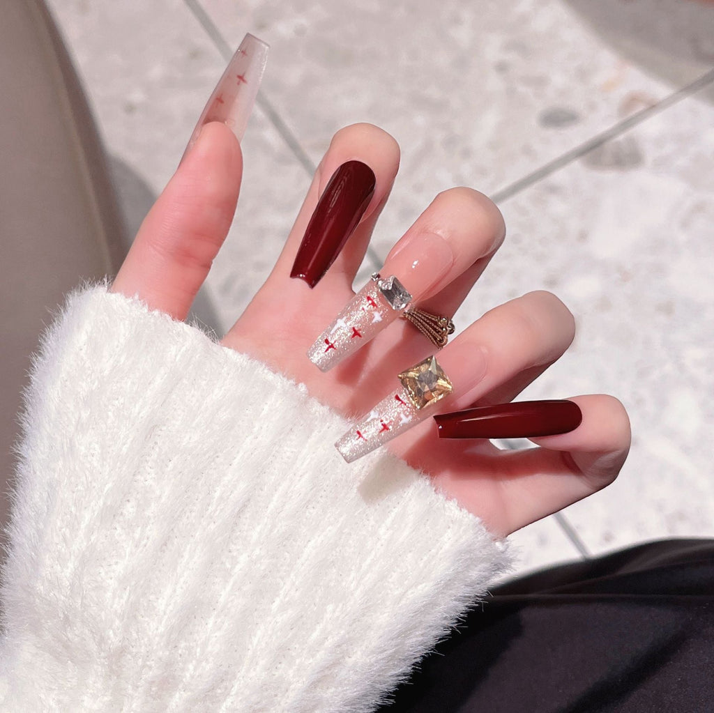 Siopsrl | Decorative Press-On Nails with Gem Accents Siopsrl