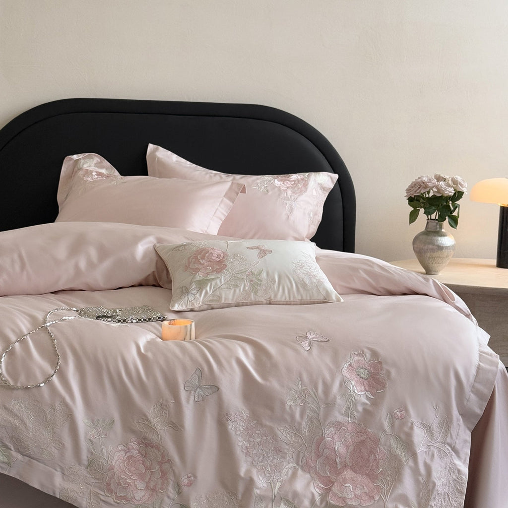 Luxurious satin bedding set with floral embroidery and silk-soft finish Bowlift