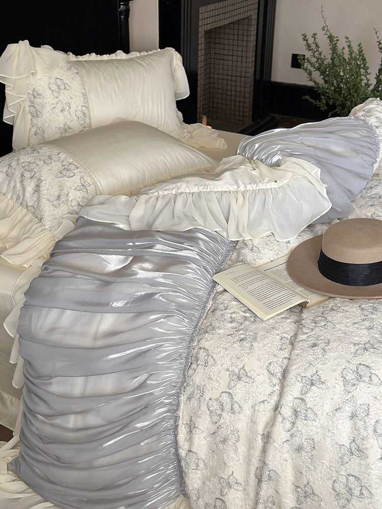 Luxury bedding set with gathered satin decor, floral jacquard duvet & ruffle cushion