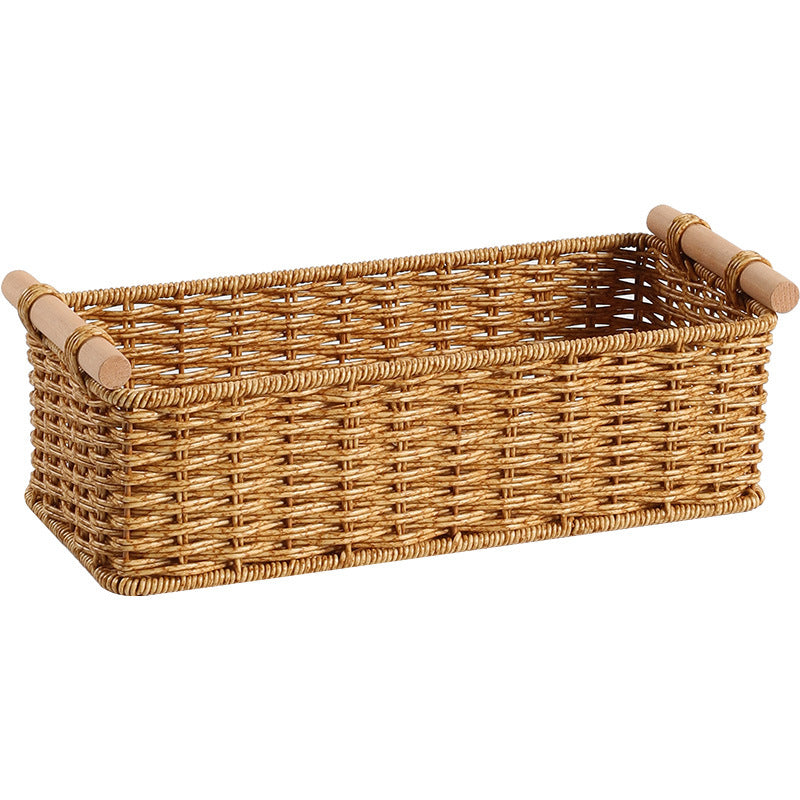 Rectangular Woven Storage Basket with Wooden Handles