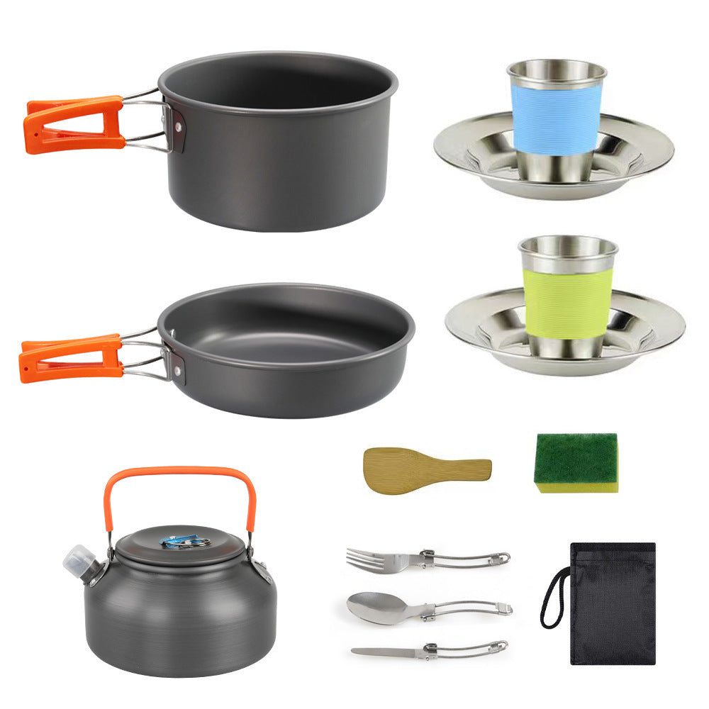 Siopsrl | lightweight hard-anodized camping cookware set with folding handles compact kettle and stainless cup plates Siopsrl