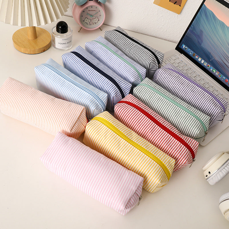 Striped Canvas Pencil Case and Stationery Organizer with Top Zipper Siopsrl